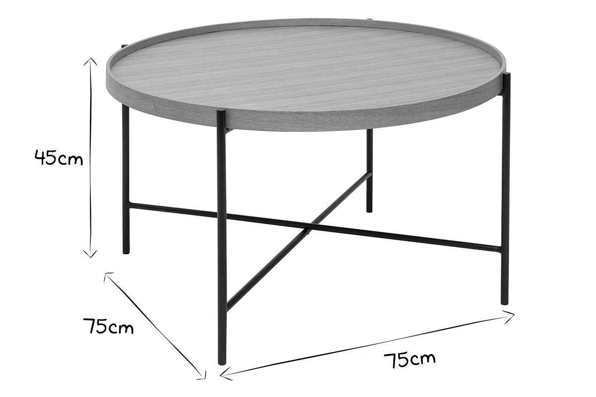 Runder Couchtisch aus hellem Holz und schwarzem Metall D75 cm BASSY