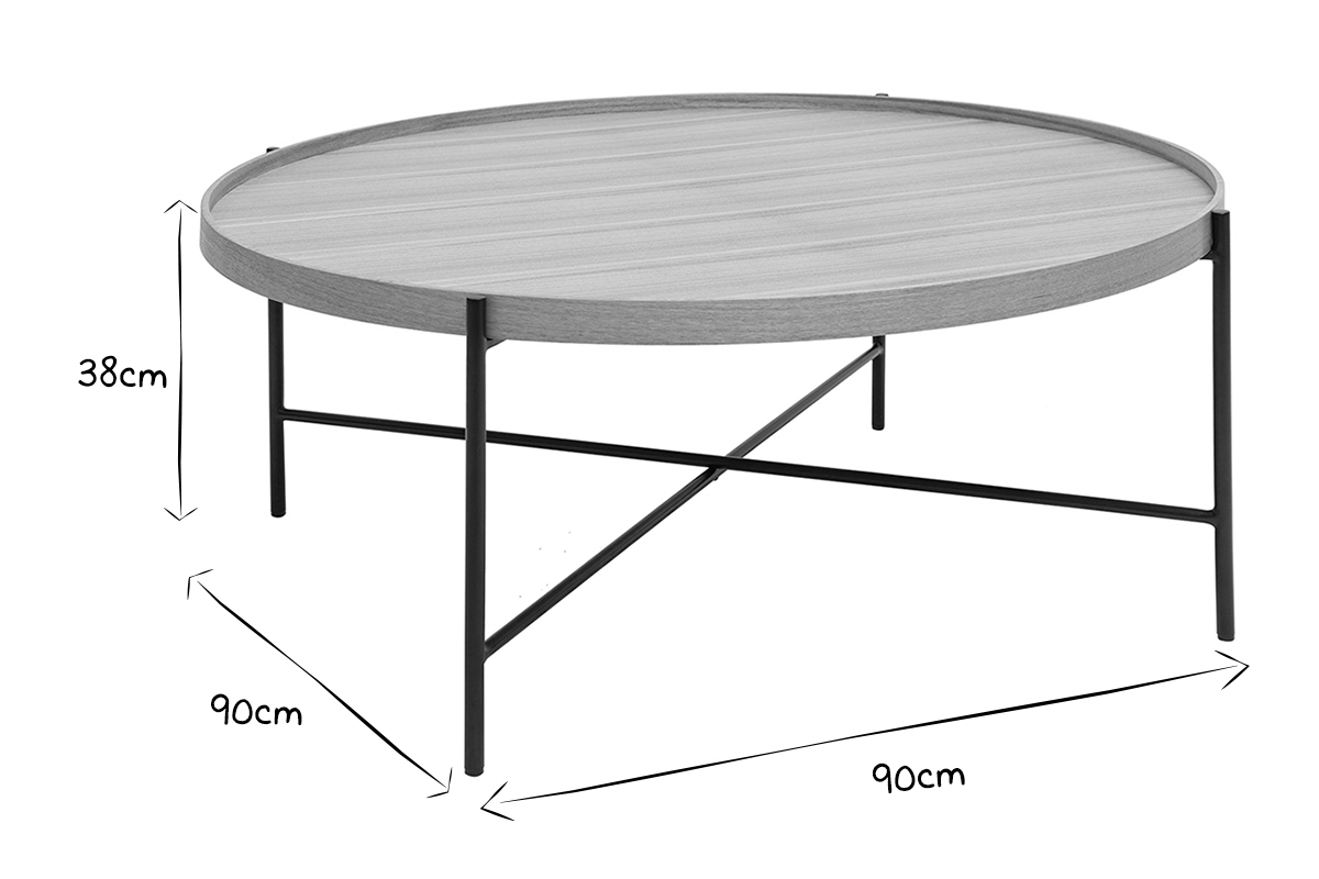 Runder Couchtisch aus hellem Holz und schwarzem Metall D90 cm BASSY