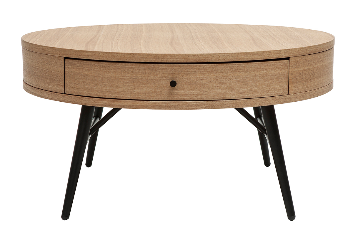 Runder Couchtisch aus hellem Holz und schwarzem Metall mit Schublade D81,5 cm KORAL