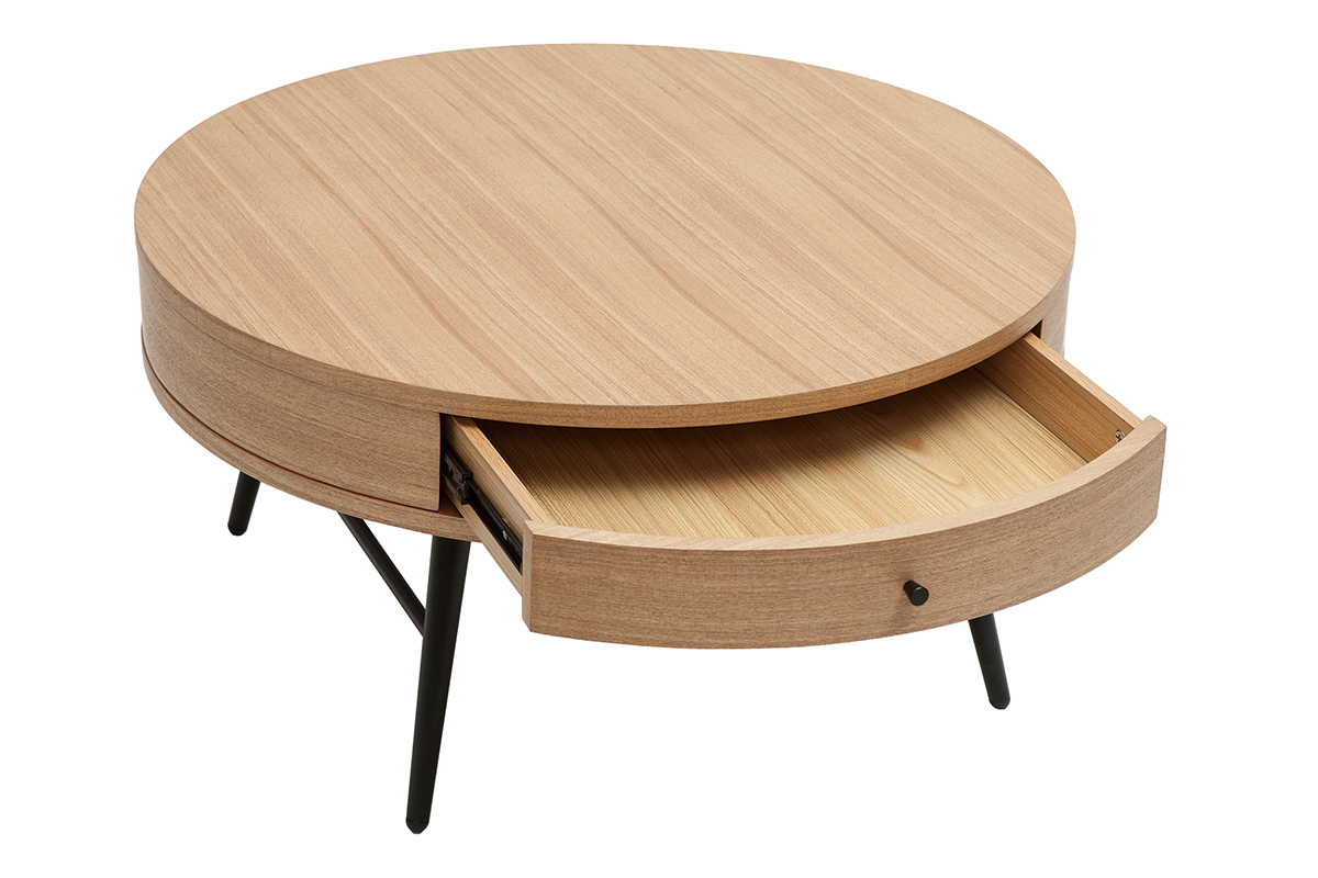 Runder Couchtisch aus hellem Holz und schwarzem Metall mit Schublade D81,5 cm KORAL