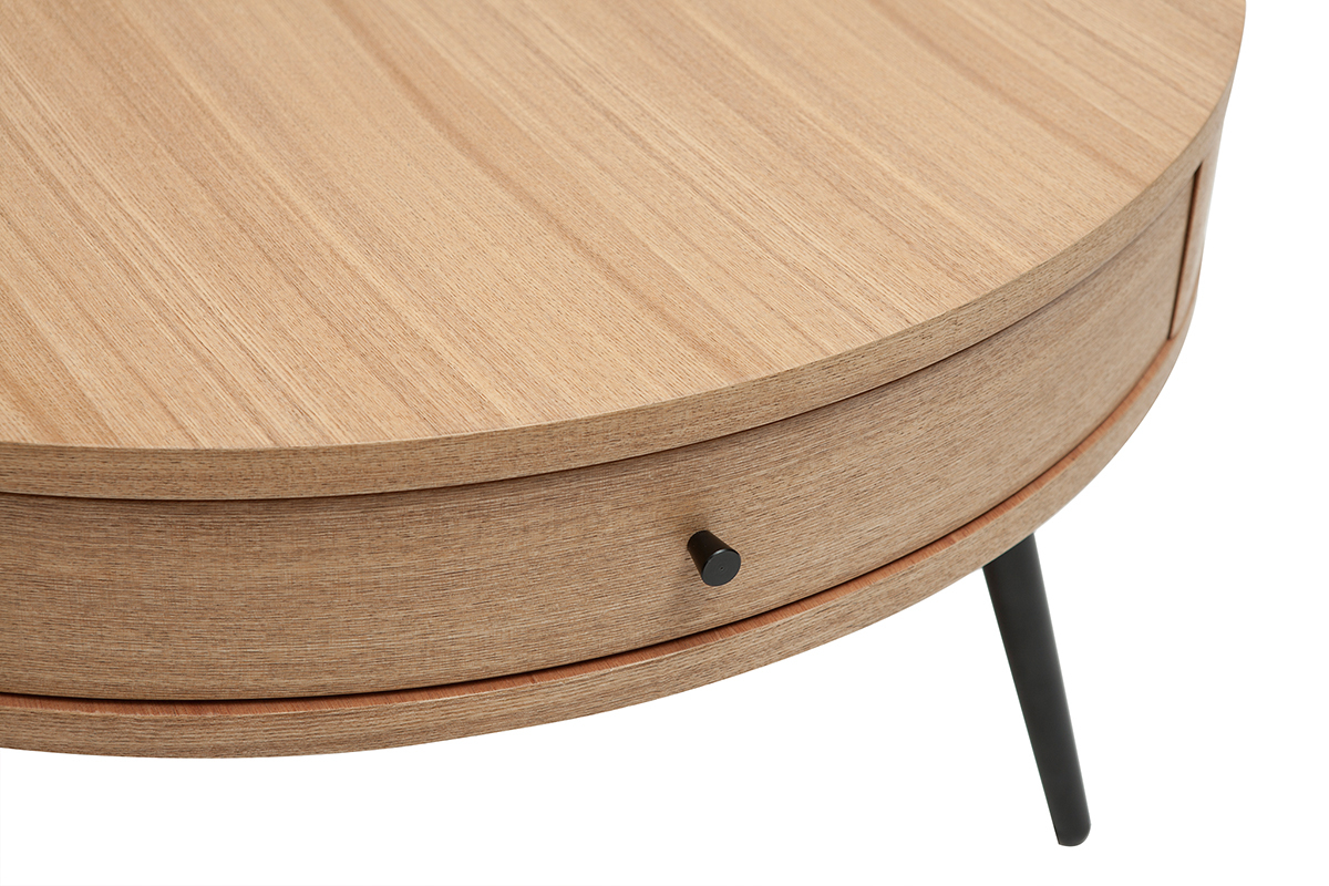 Runder Couchtisch aus hellem Holz und schwarzem Metall mit Schublade D81,5 cm KORAL