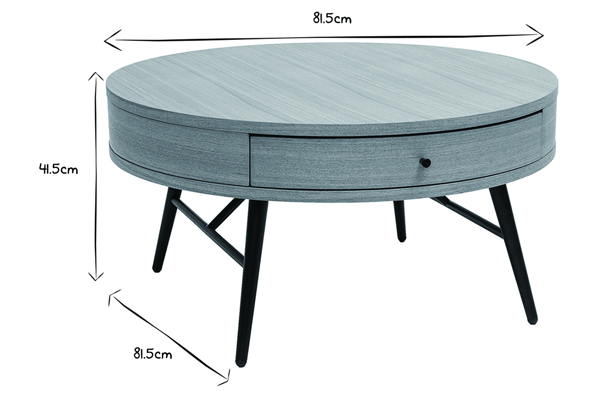 Runder Couchtisch aus hellem Holz und schwarzem Metall mit Schublade D81,5 cm KORAL