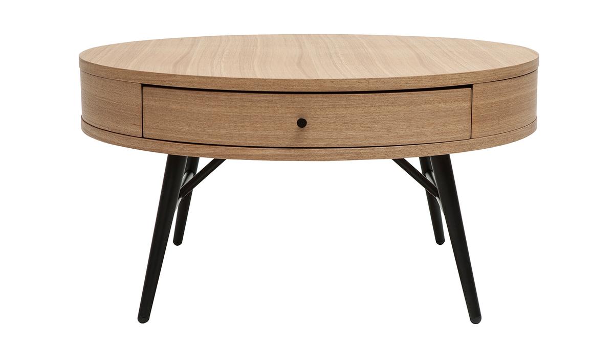 Runder Couchtisch aus hellem Holz und schwarzem Metall mit Schublade D81,5 cm KORAL