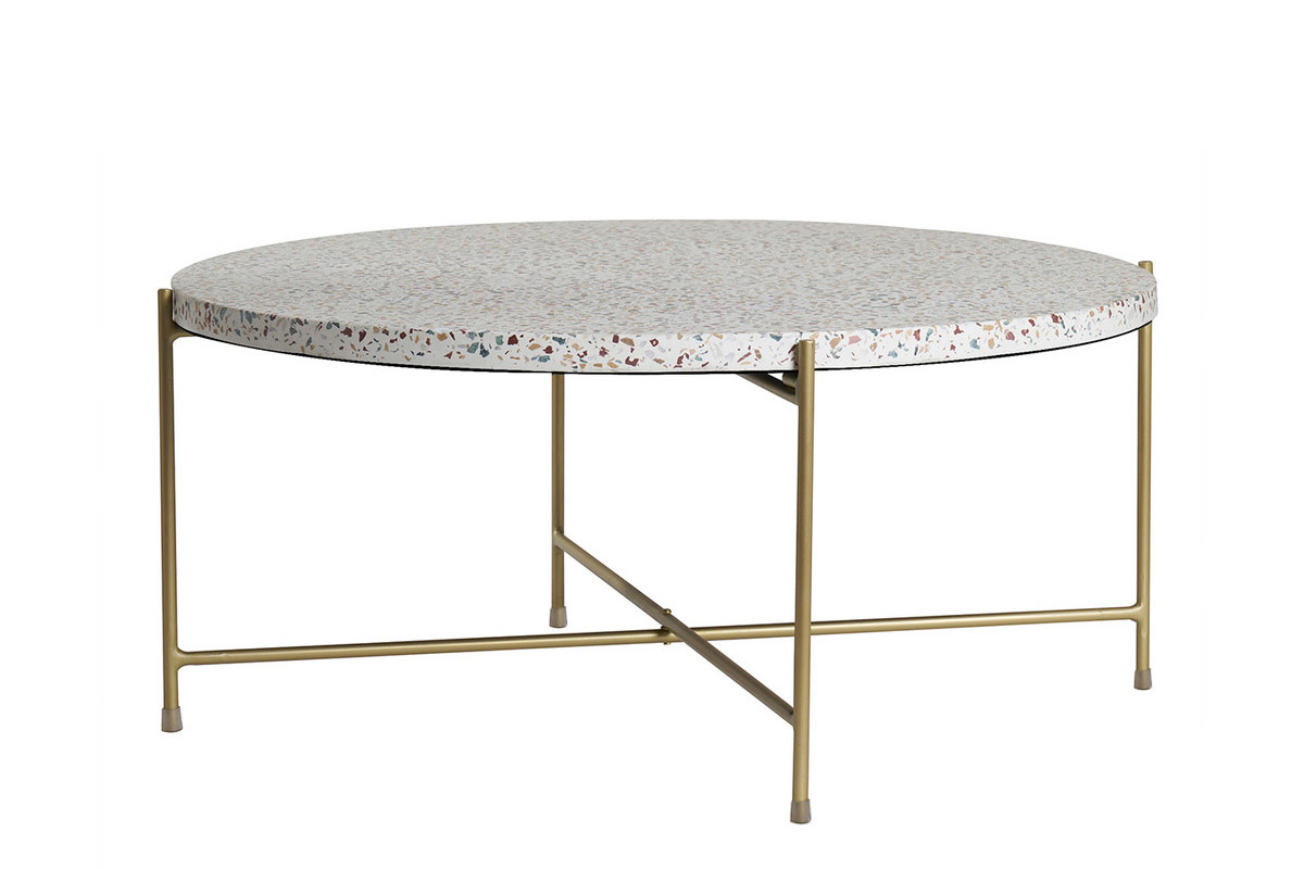 Runder Couchtisch aus Terrazzo und goldfarbenes Metall D81 cm MEZZO