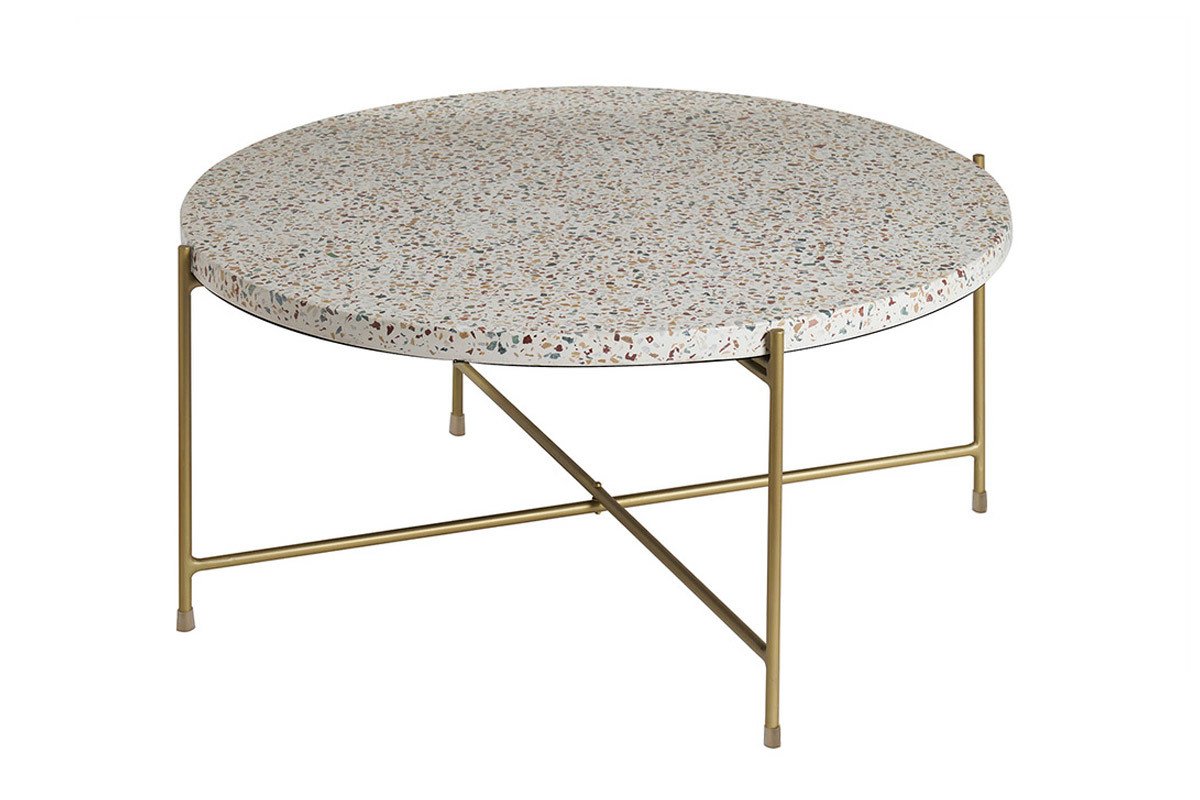 Runder Couchtisch aus Terrazzo und goldfarbenes Metall D81 cm MEZZO