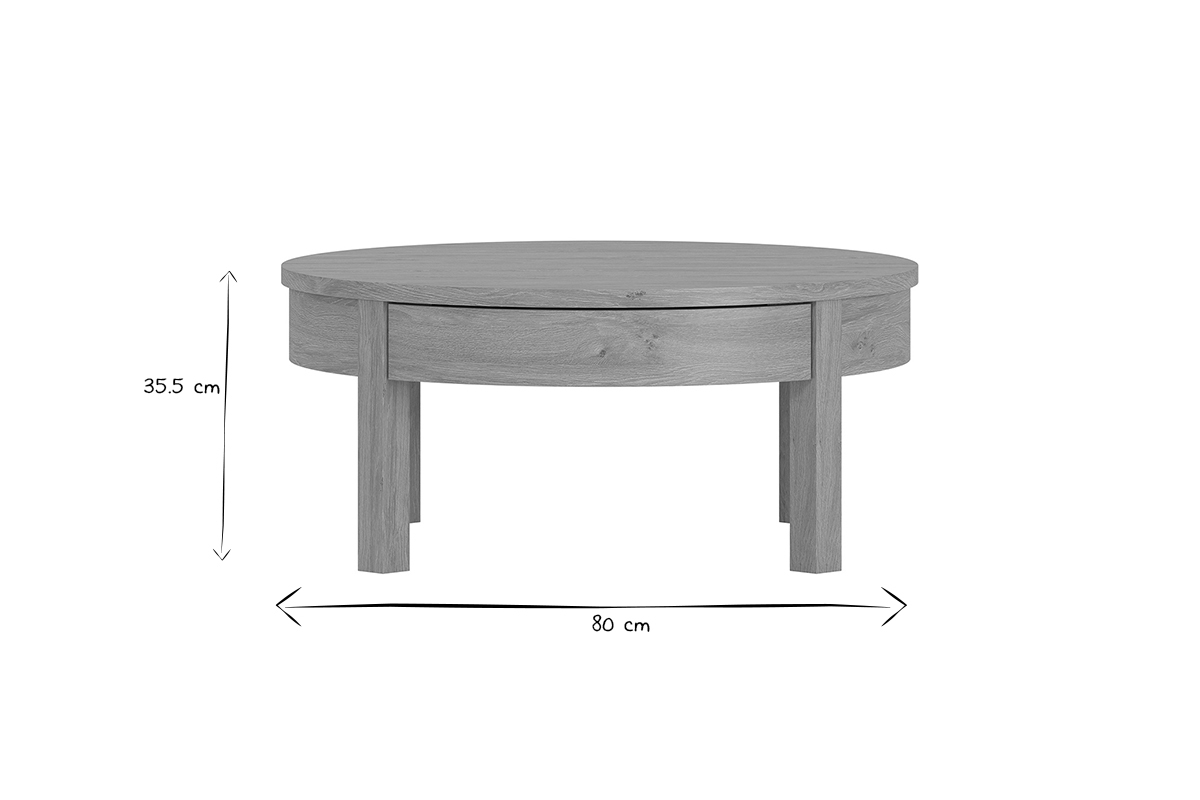 Runder Couchtisch Durchmesser 80 cm mit Schublade Eiche EOLE