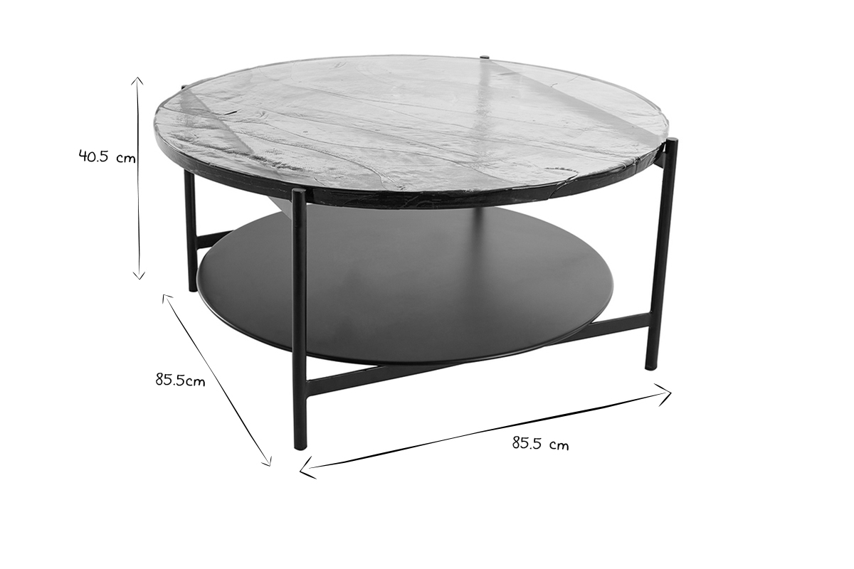 Runder Couchtisch mit zwei Tischplatten aus recyceltem Glas und schwarzem Metall D85 cm WELLE