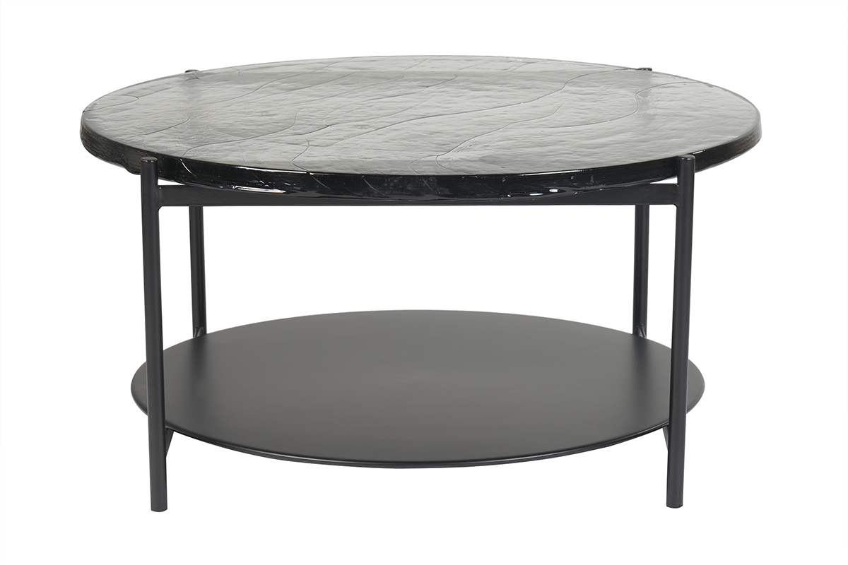 Runder Couchtisch mit zwei Tischplatten aus recyceltem Glas und schwarzem Metall D85 cm WELLE