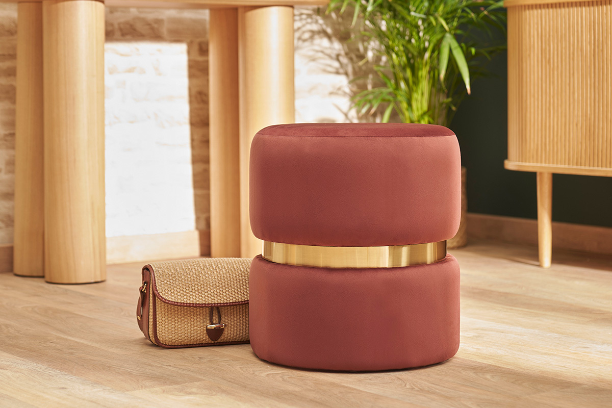 Runder Pouf aus blauem Samt, ziegelrotem Rot und goldenem Metall D40 cm JOY