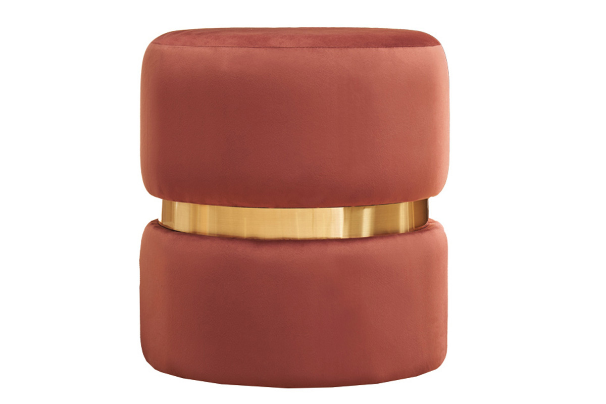 Runder Pouf aus blauem Samt, ziegelrotem Rot und goldenem Metall D40 cm JOY