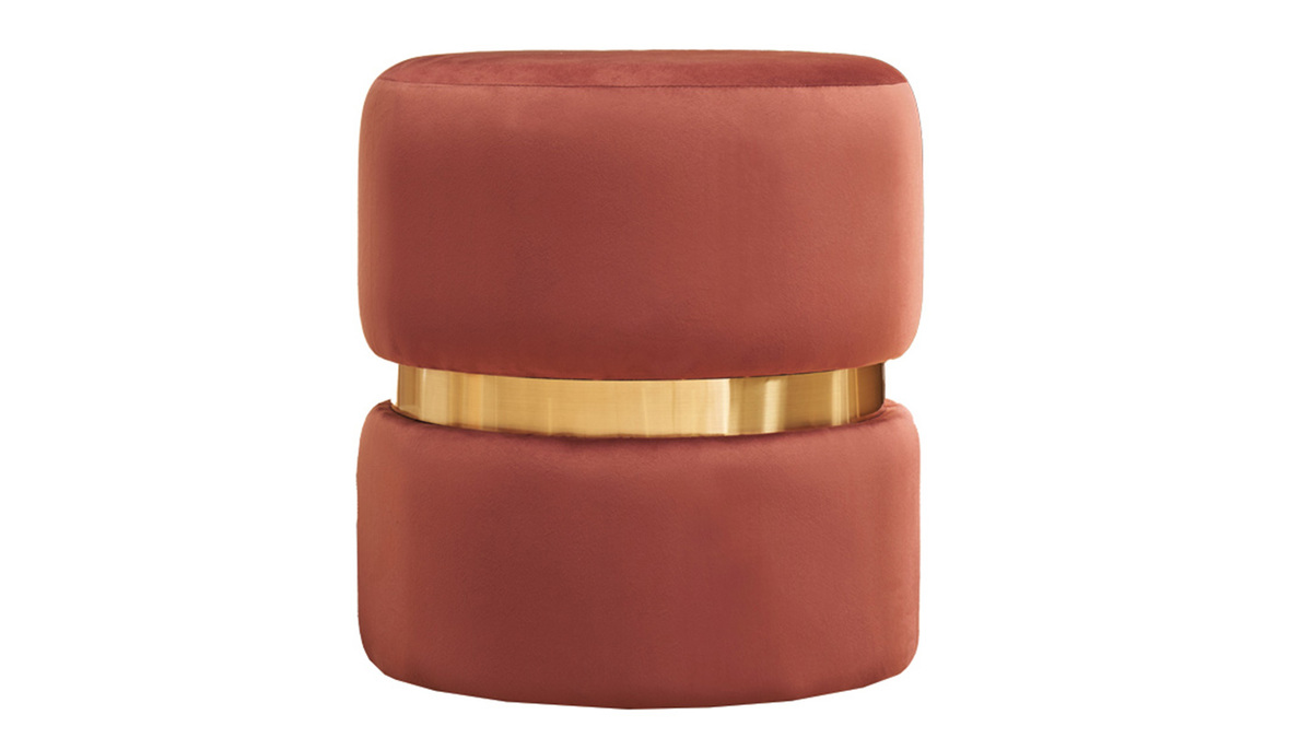 Runder Pouf aus blauem Samt, ziegelrotem Rot und goldenem Metall D40 cm JOY