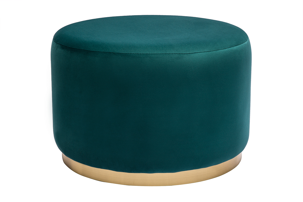 Runder Pouf aus petrolblauem Samt und goldenem Metall D54 cm AMAYA