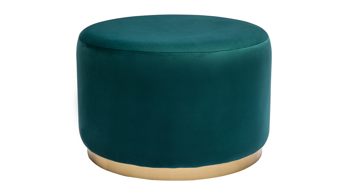 Runder Pouf aus petrolblauem Samt und goldenem Metall D54 cm AMAYA