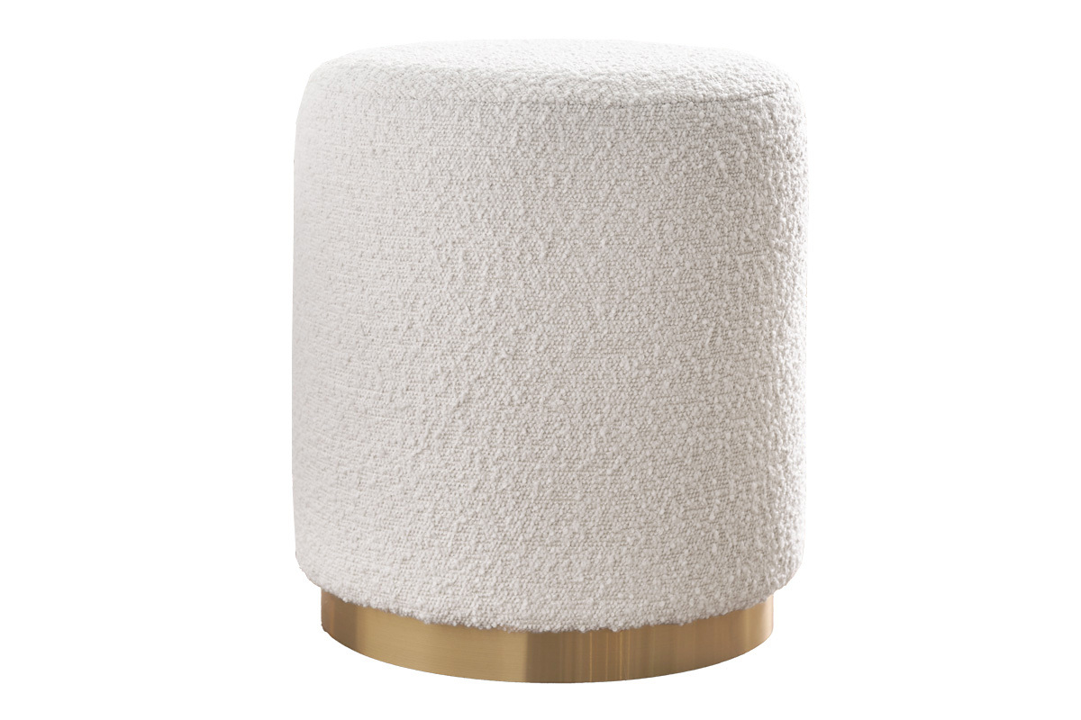 Runder Pouf aus weiem Wollboucl-Effektstoff und goldenem Metall D40 cm AMAYA