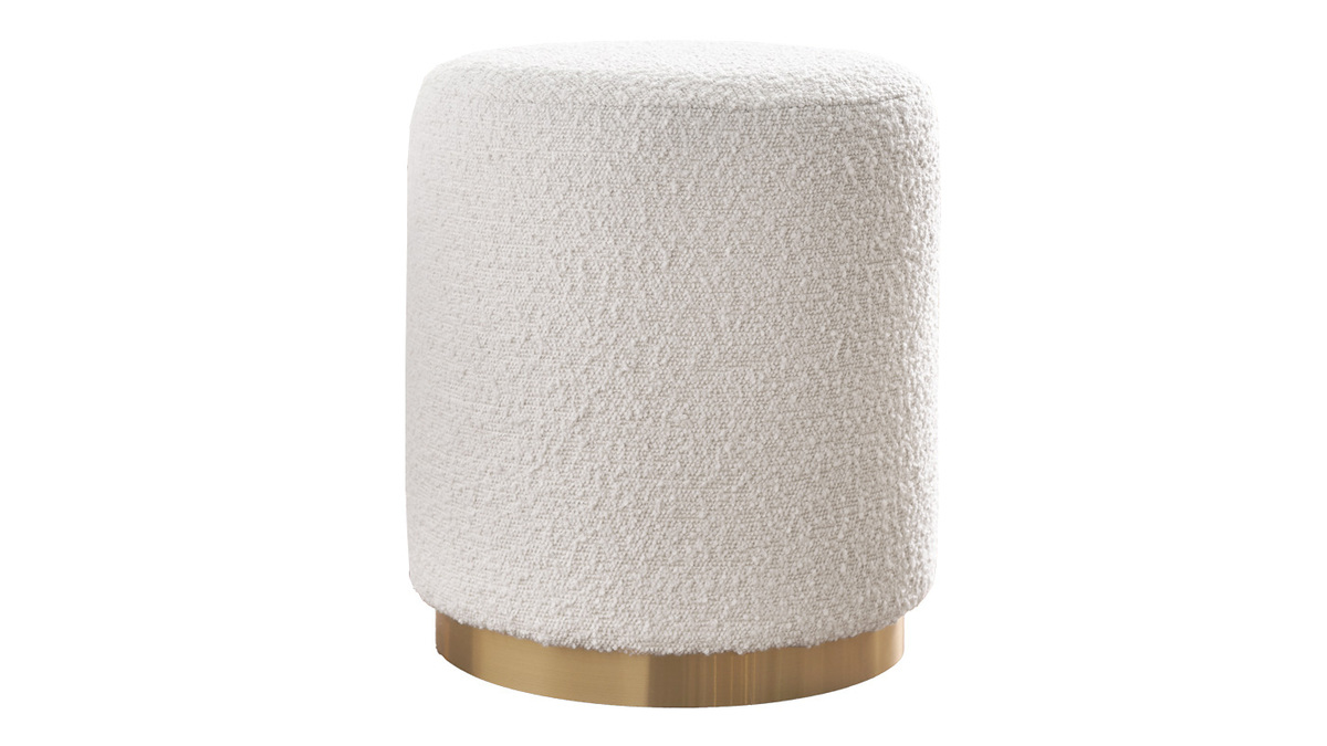 Runder Pouf aus weiem Wollboucl-Effektstoff und goldenem Metall D40 cm AMAYA