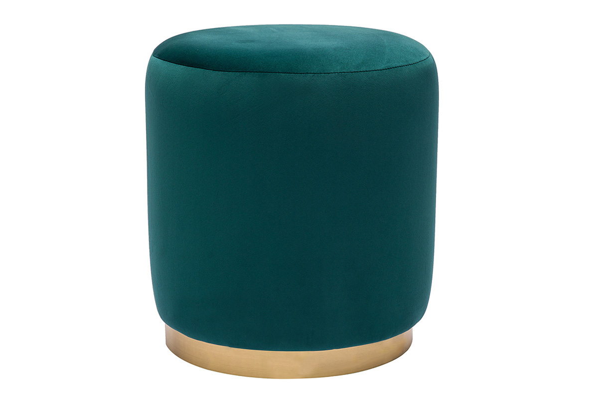 Runder Samt-Pouf in petrolblau und goldfarbenem Metall D40 cm AMAYA