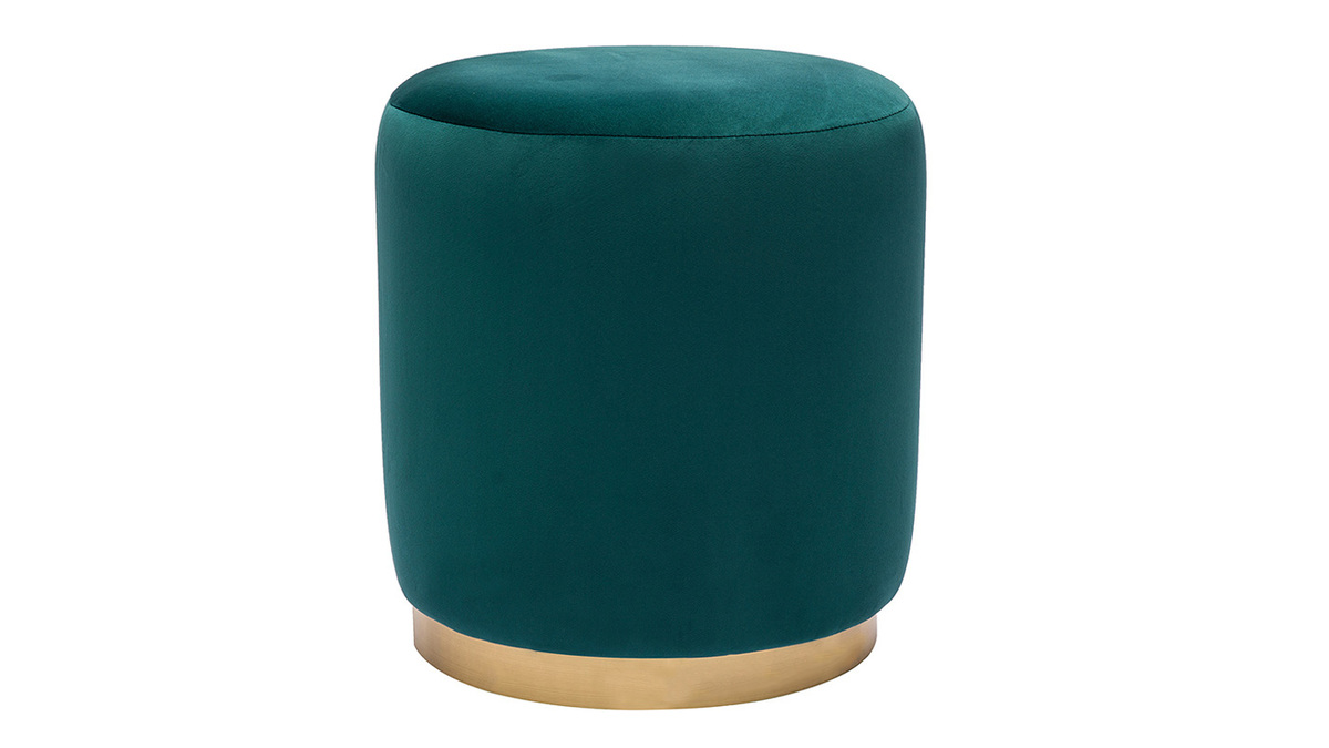 Runder Samt-Pouf in petrolblau und goldfarbenem Metall D40 cm AMAYA