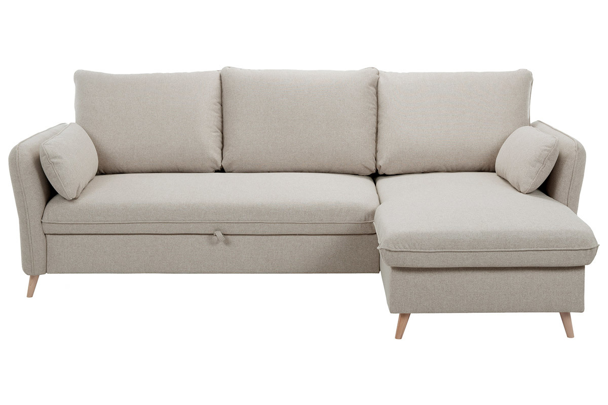 Schlaf-Ecksofa mit Stauraum 3/4-Sitzer beiger Stoff und helles Holz DRISS