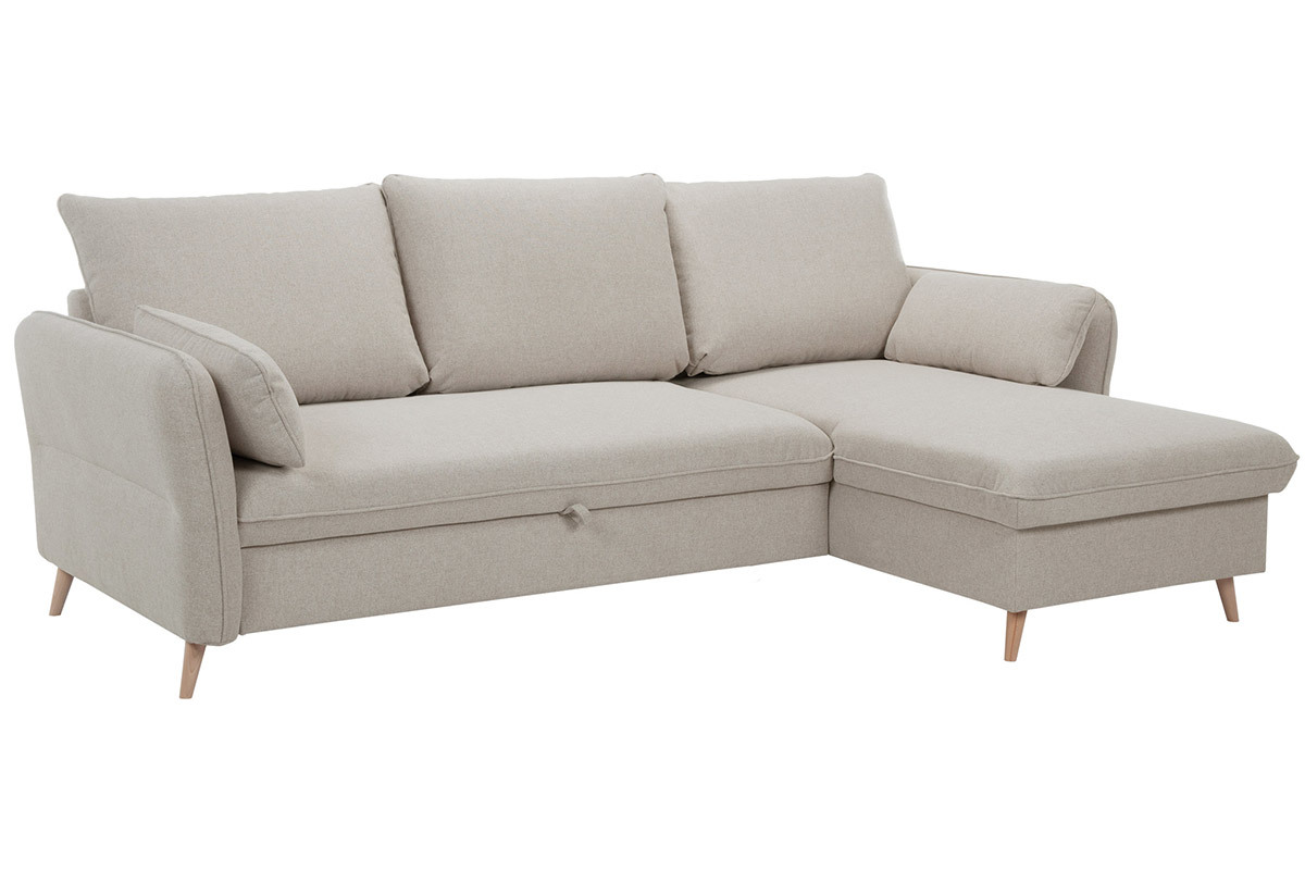 Schlaf-Ecksofa mit Stauraum 3/4-Sitzer beiger Stoff und helles Holz DRISS