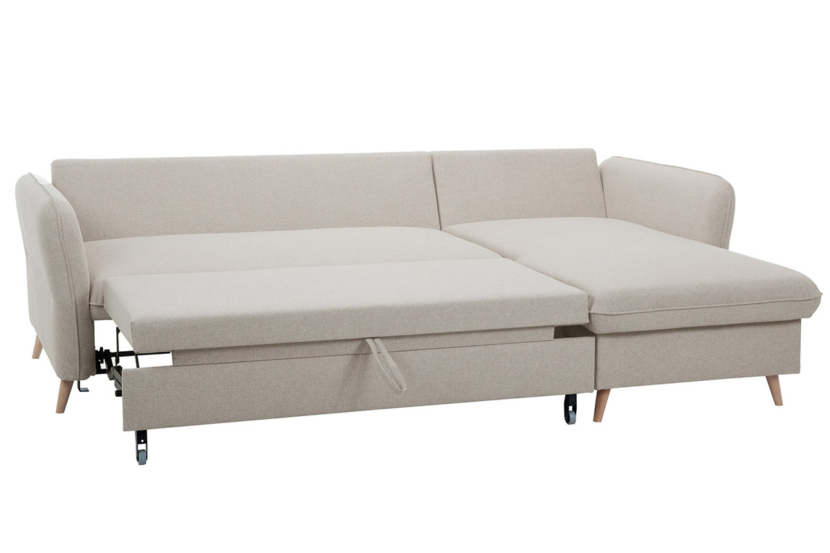 Schlaf-Ecksofa mit Stauraum 3/4-Sitzer beiger Stoff und helles Holz DRISS