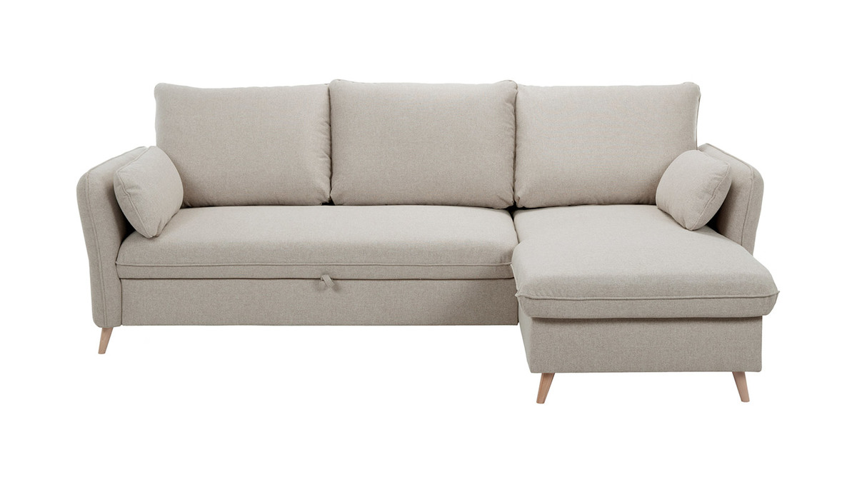 Schlaf-Ecksofa mit Stauraum 3/4-Sitzer beiger Stoff und helles Holz DRISS