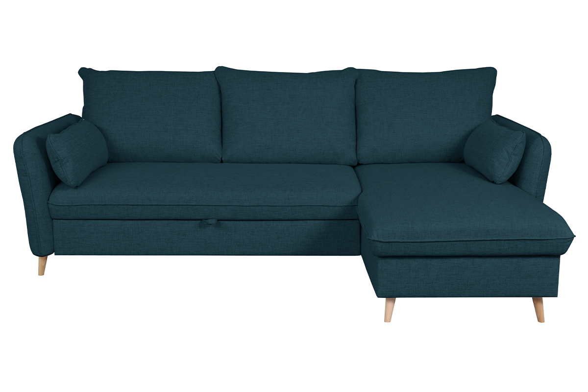 Schlaf-Ecksofa mit Stauraum 3/4-Sitzer ozeanblauer Stoff und helles Holz DRISS