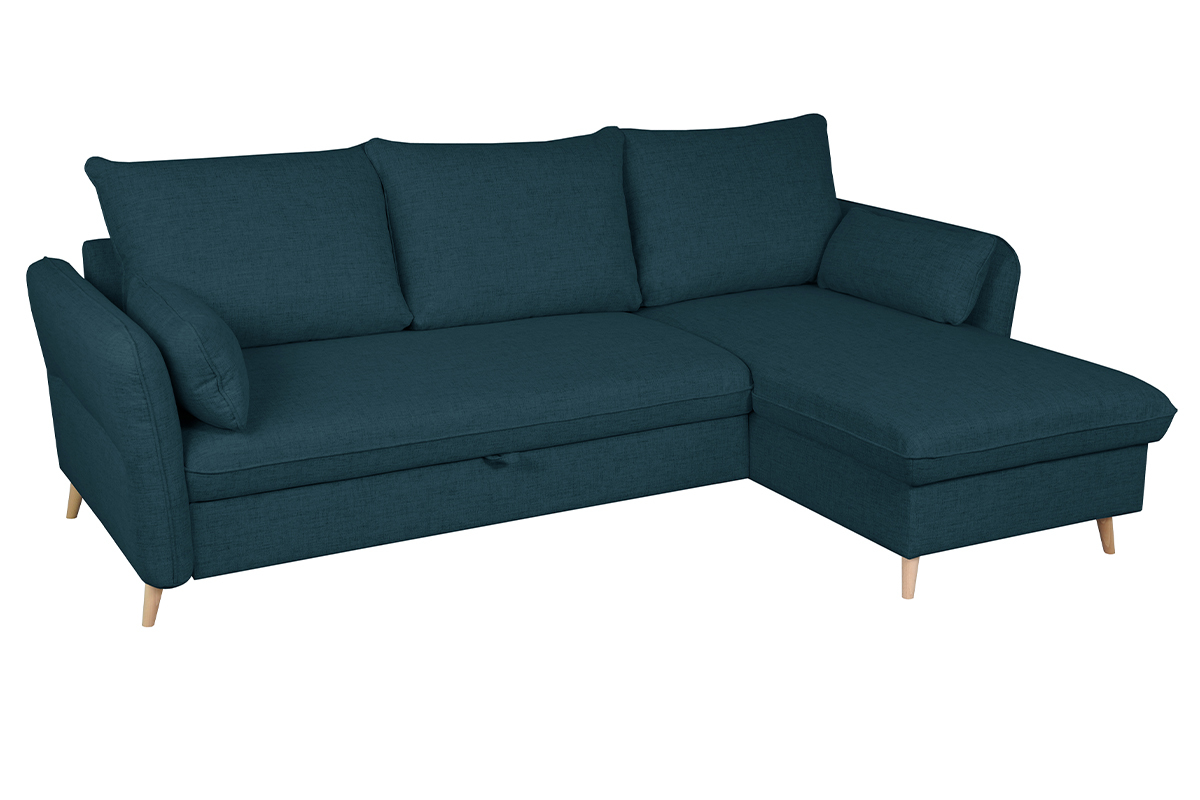 Schlaf-Ecksofa mit Stauraum 3/4-Sitzer ozeanblauer Stoff und helles Holz DRISS