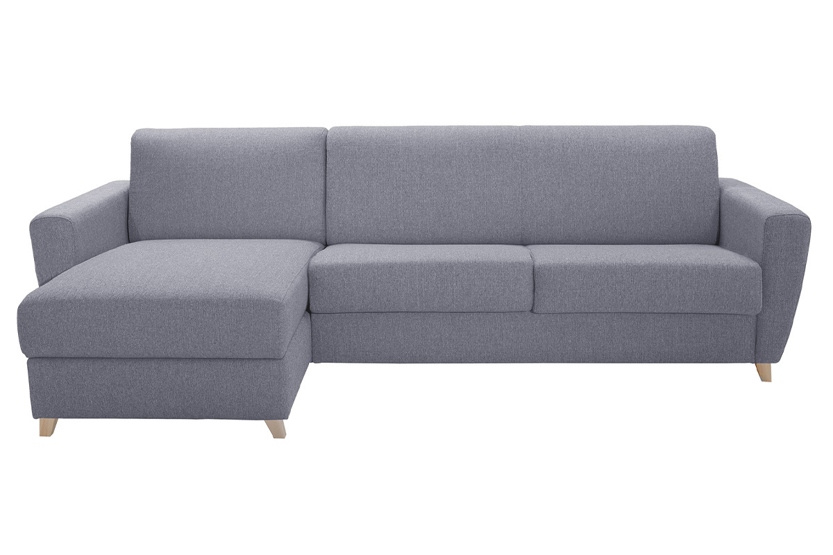 Schlaf-Ecksofa mit Stauraum 4-Sitzer grauer Stoff und helles Holz anpassbar GRAHAM