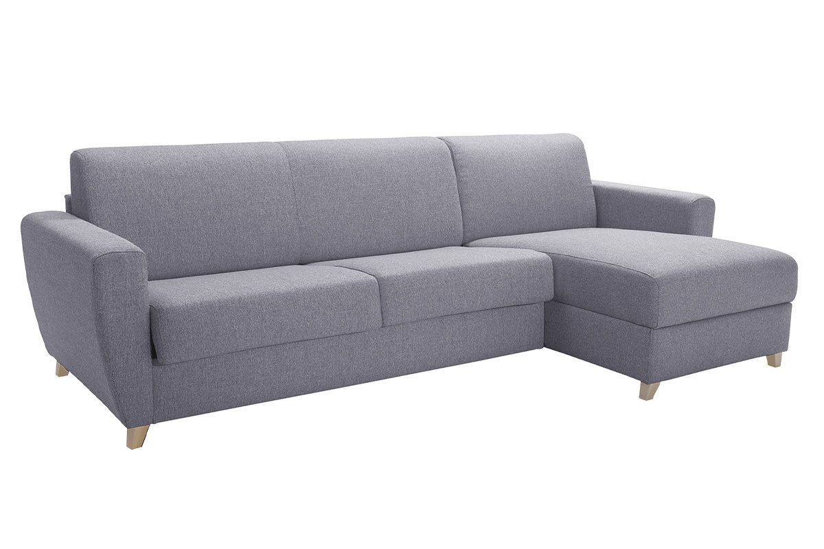 Schlaf-Ecksofa mit Stauraum 4-Sitzer grauer Stoff und helles Holz anpassbar GRAHAM