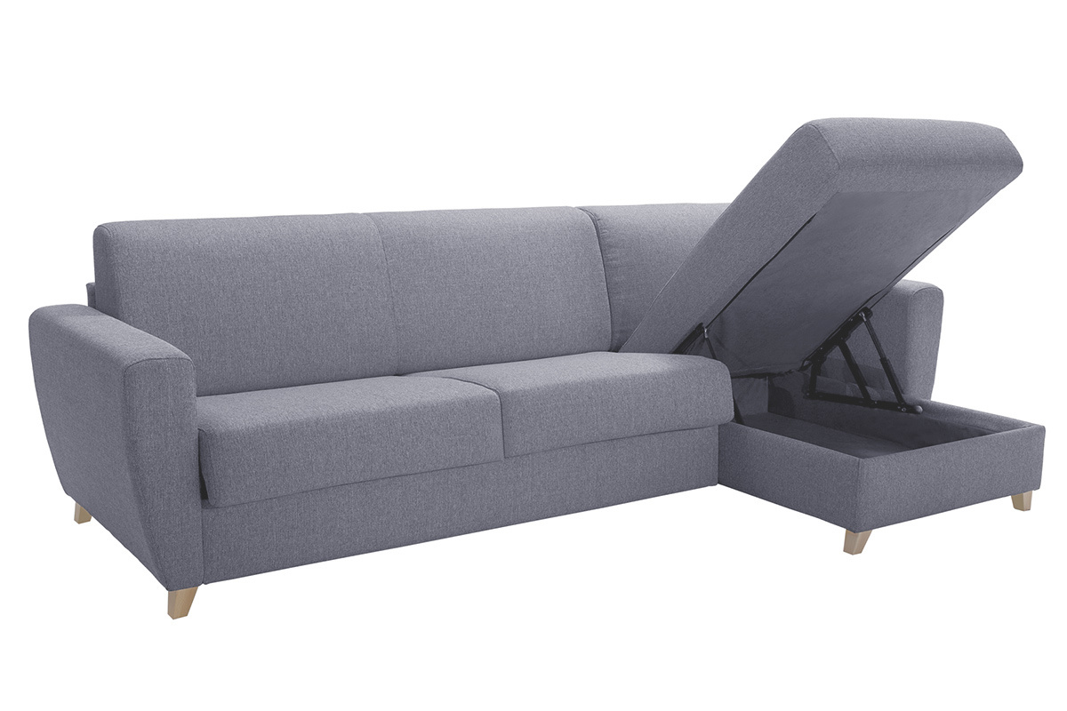 Schlaf-Ecksofa mit Stauraum 4-Sitzer grauer Stoff und helles Holz anpassbar GRAHAM