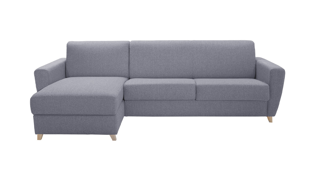 Schlaf-Ecksofa mit Stauraum 4-Sitzer grauer Stoff und helles Holz anpassbar GRAHAM