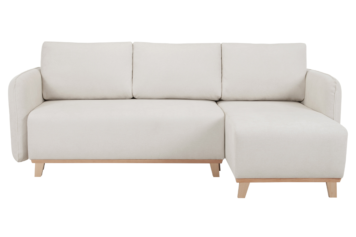 Schlaf-Ecksofa modulierbar beiger Stoff mit Velours-Effekt und helles Holz 3-4 Sitzer ROMANE