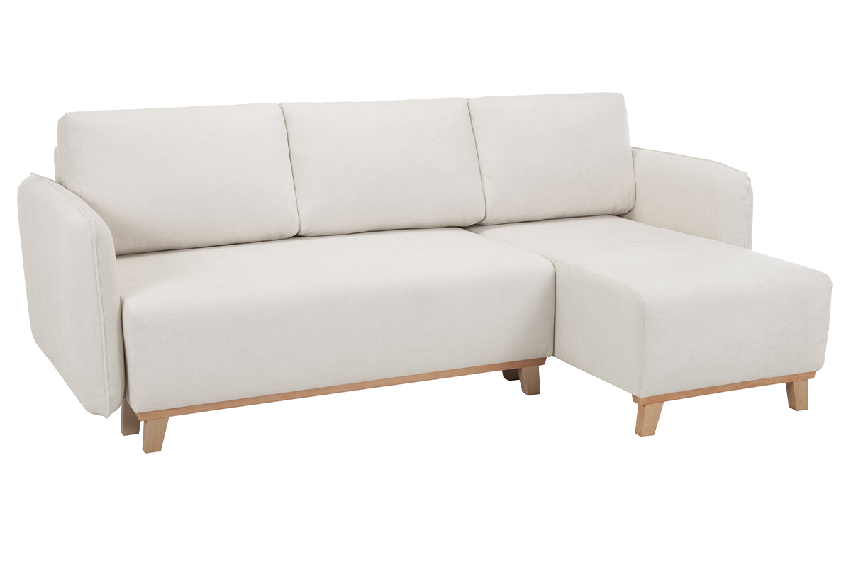 Schlaf-Ecksofa modulierbar beiger Stoff mit Velours-Effekt und helles Holz 3-4 Sitzer ROMANE