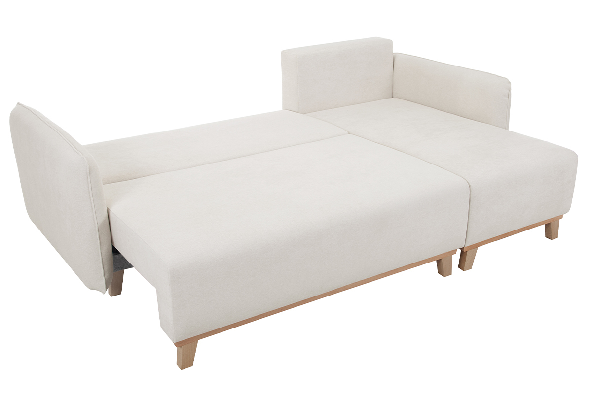 Schlaf-Ecksofa modulierbar beiger Stoff mit Velours-Effekt und helles Holz 3-4 Sitzer ROMANE