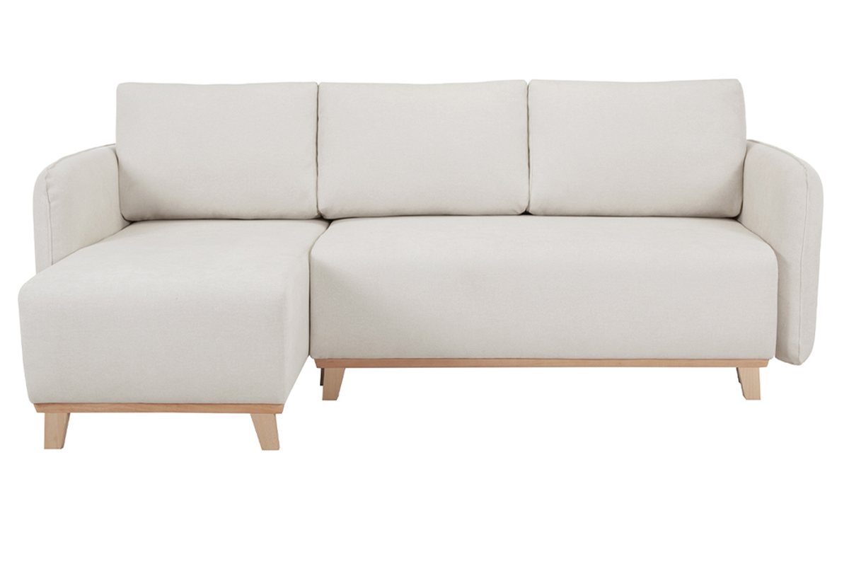 Schlaf-Ecksofa modulierbar beiger Stoff mit Velours-Effekt und helles Holz 3-4 Sitzer ROMANE