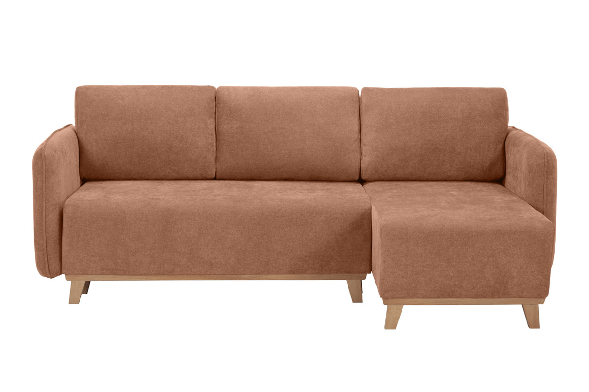 Schlaf-Ecksofa modulierbar terracottafarbener Stoff mit Velours-Effekt und helles Holz 3-4 Sitzer ROMANE