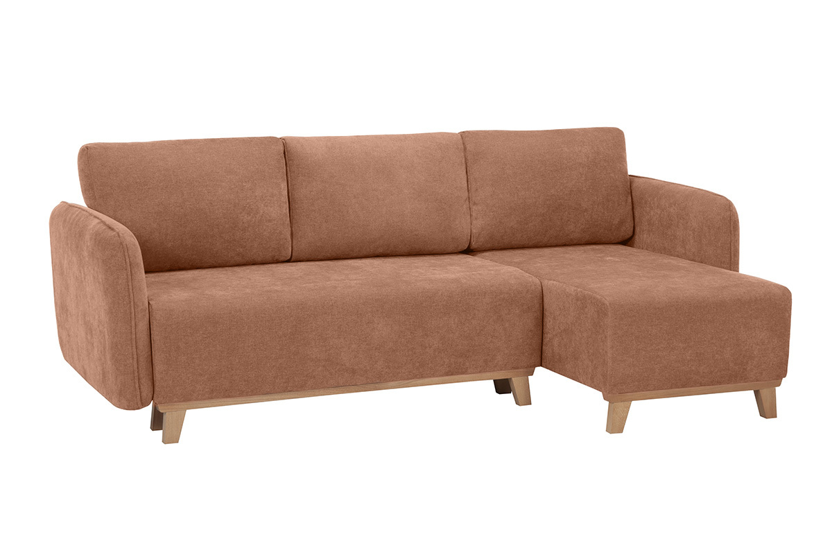 Schlaf-Ecksofa modulierbar terracottafarbener Stoff mit Velours-Effekt und helles Holz 3-4 Sitzer ROMANE