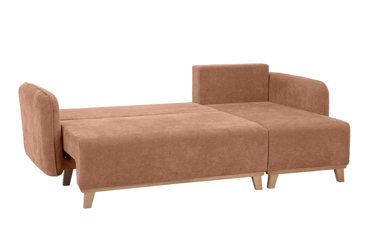 Schlaf-Ecksofa modulierbar terracottafarbener Stoff mit Velours-Effekt und helles Holz 3-4 Sitzer ROMANE