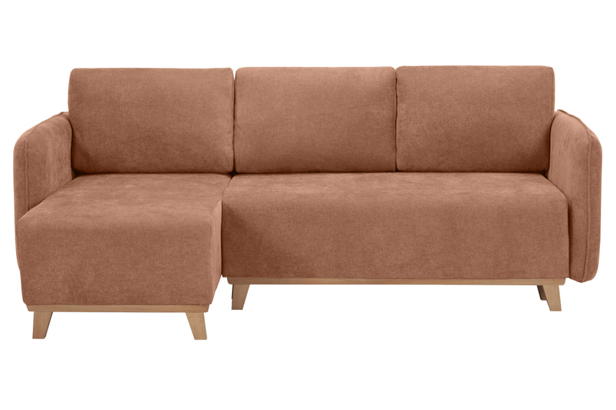 Schlaf-Ecksofa modulierbar terracottafarbener Stoff mit Velours-Effekt und helles Holz 3-4 Sitzer ROMANE