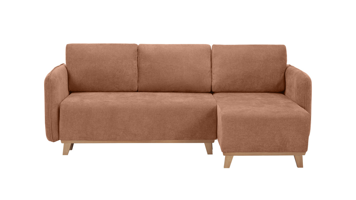 Schlaf-Ecksofa modulierbar terracottafarbener Stoff mit Velours-Effekt und helles Holz 3-4 Sitzer ROMANE