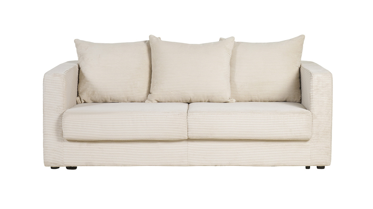 Schlafsofa 3-Sitzer mit beigem Cordstoff mit Matratze 13cm BACIO