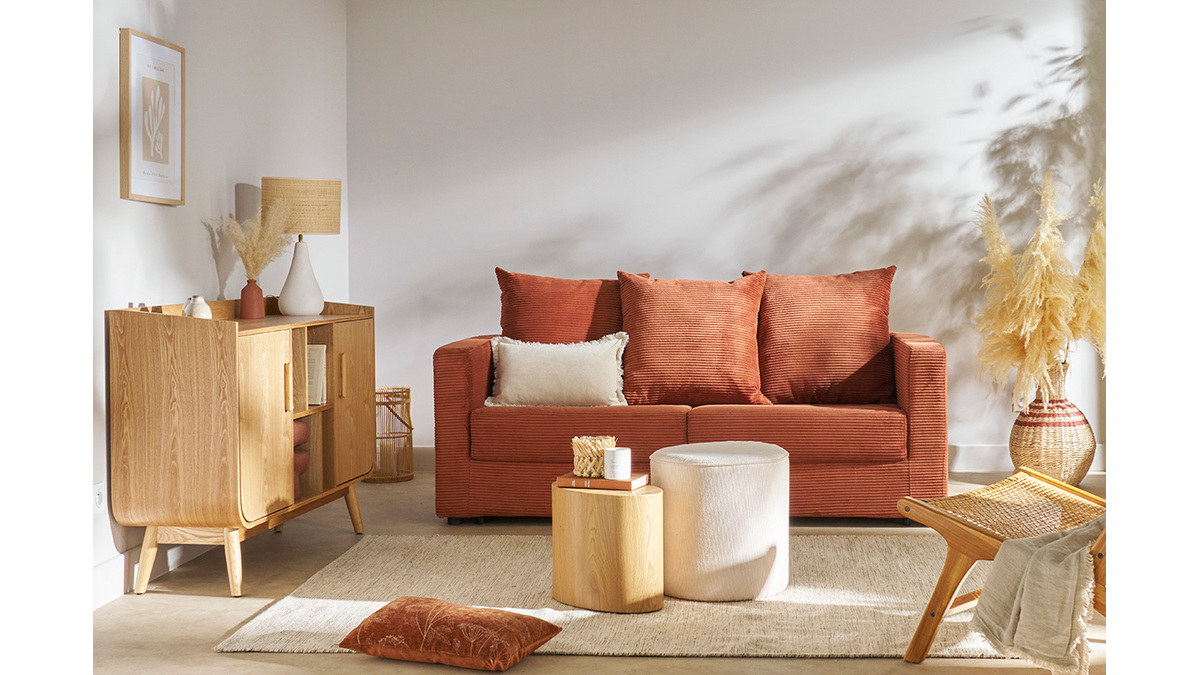 Schlafsofa 3-Sitzer mit Cordstoff in Terracotta mit Matratze 13cm BACIO