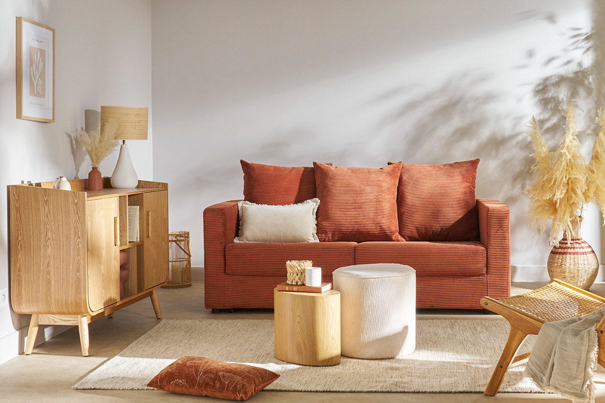 Schlafsofa 3-Sitzer mit Cordstoff in Terracotta mit Matratze 13cm BACIO