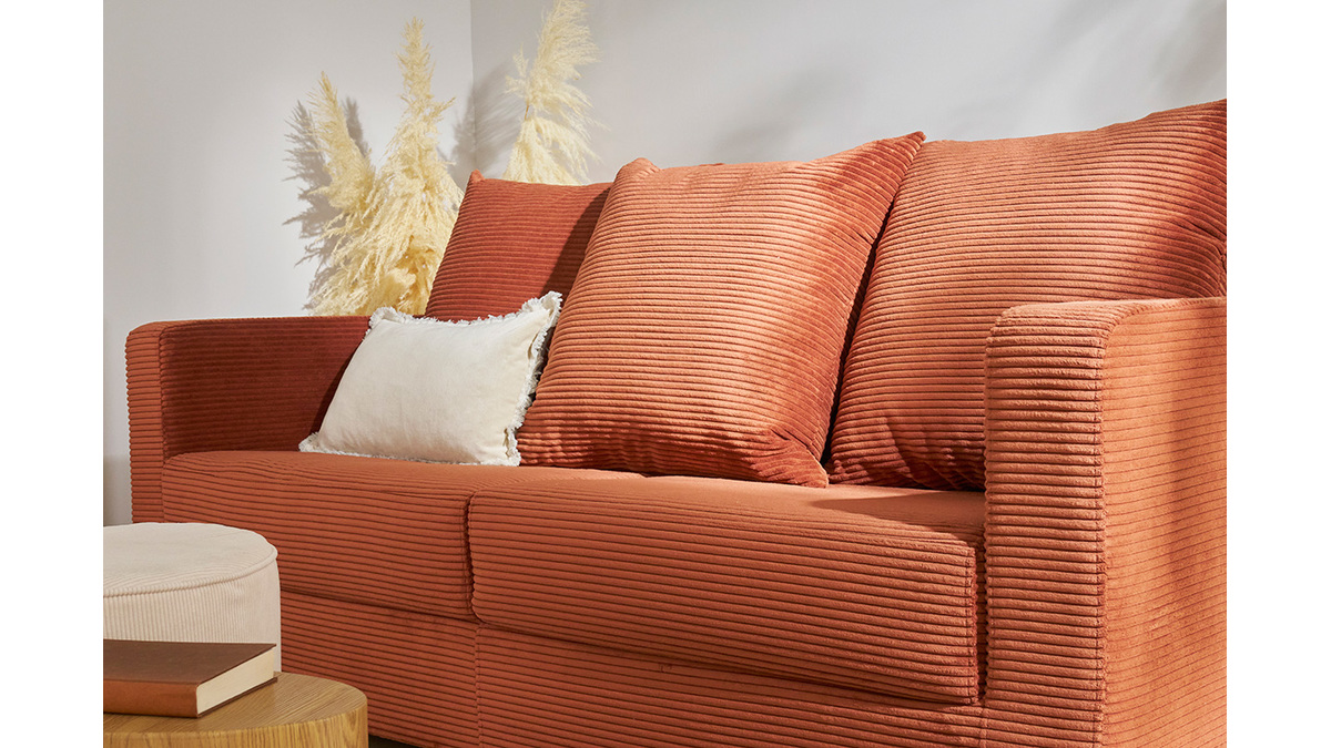 Schlafsofa 3-Sitzer mit Cordstoff in Terracotta mit Matratze 13cm BACIO