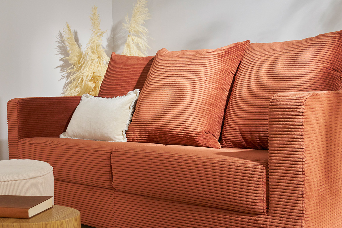 Schlafsofa 3-Sitzer mit Cordstoff in Terracotta mit Matratze 13cm BACIO