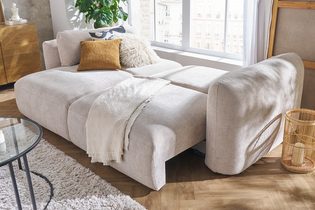 Schlafsofa mit Bettkasten aus beigem Chenille-Veloursstoff 4-Sitzer CRUSH