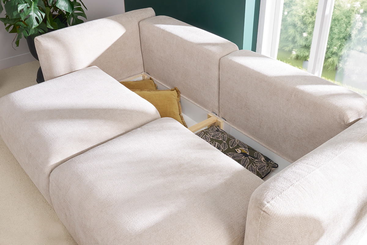 Schlafsofa mit Bettkasten aus beigem Chenille-Veloursstoff 4-Sitzer CRUSH