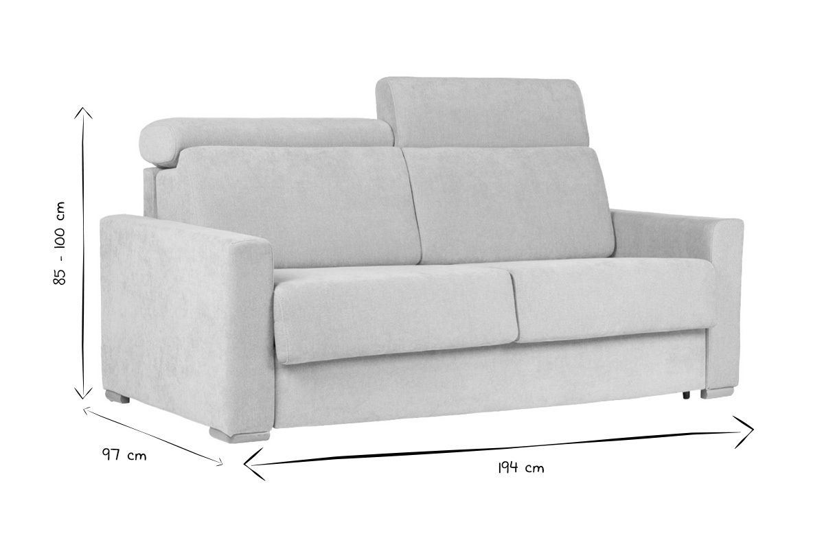 Schlafsofa mit verstellbaren Kopfsttzen fr 3 Personen in beige-samtigem Effektgewebe mit einer Matratze von 18 cm NORO