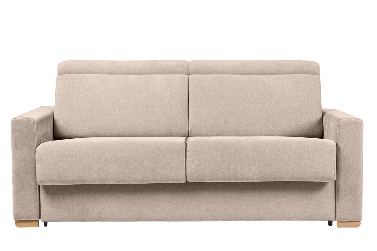 Schlafsofa mit verstellbaren Kopfsttzen fr 3 Personen in beige-samtigem Effektgewebe mit einer Matratze von 18 cm NORO