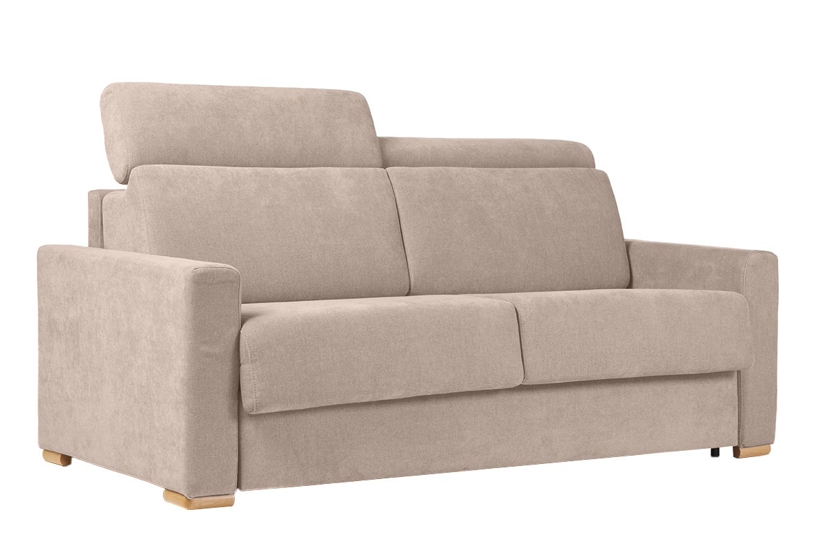 Schlafsofa mit verstellbaren Kopfsttzen fr 3 Personen in beige-samtigem Effektgewebe mit einer Matratze von 18 cm NORO